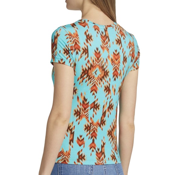 L'AGENCE Ressi Fitted Tee Women‎ S Pool Blue Multi Ganado Shirt Southwestern NEW - Picture 9 of 16